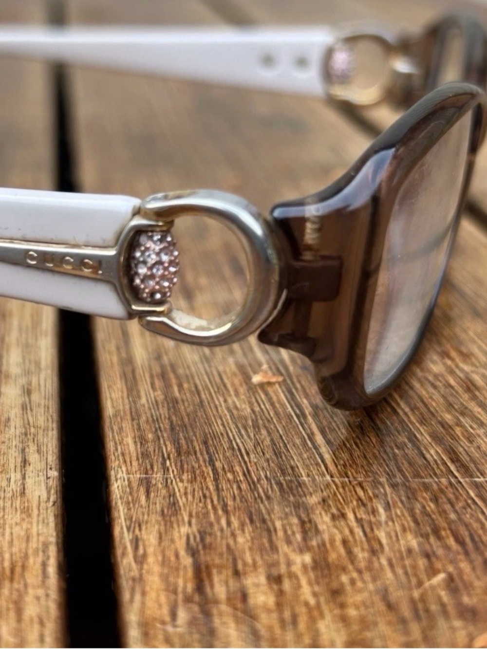 Gucci White and Brown Crystal-Detail reading glasses